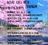 8/5号（火）曜日                              月初キャンペーン 今田奈野子の東京出
